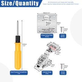 Glarks 85Pcs Cabinet Hinge Repair Plate Set, 10Pcs 3.5"x3" Hinge Fixing Plate with 60Pcs Mounting Screws, 2Pcs Cabinet Hinges with 12Pcs Mounting Screw and 1Pcs Dual Purpose Screwdriver