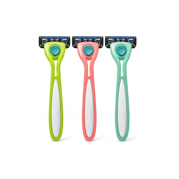 Preserve Shave 5 Five Blade Refillable Razor, Made from Recycled Materials, Assorted Colors: Coral/Neptune/Key Lime (Color May Vary)