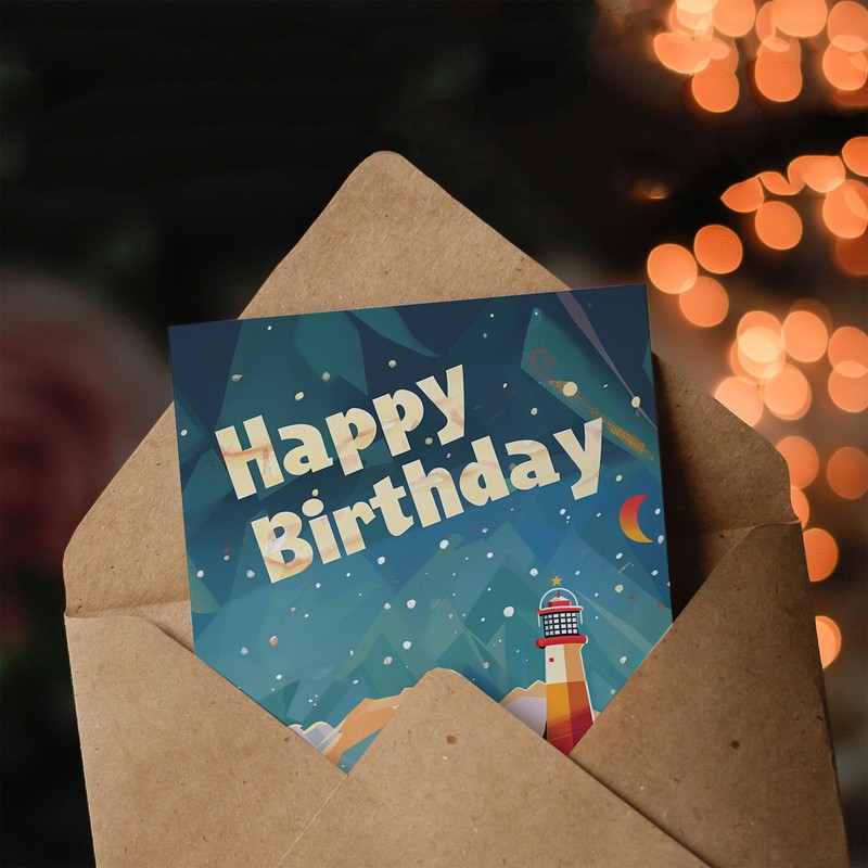 Artery8 Lighthouse Winter Mountains Man Birthday Card