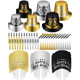 Syhood 100 Pcs 2025 New Year's Eve Party Supplies Include Celebration Hats Headband Tiaras Paper Horns Squawkers Blowouts New Year Party Decorations New Year Photo Booth Props for New Year's Eve Party