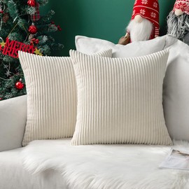 MIULEE Set of 2 Christmas Striped Corduroy Square Throw Pillow Case Soft Cushion Cover Sham Home for Sofa Chair Couch/Bedroom Decorative Fluffy Large Pillowcases 18x18in 45x45cm Cream White