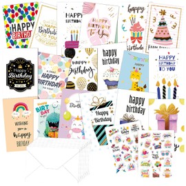 Birthday Cards Assortment, Cards with Envelopes and Stickers, Best Birthday Card for Husband Wife Mother Father Kids (20 x 15cm-18Pcs, Cartoon)