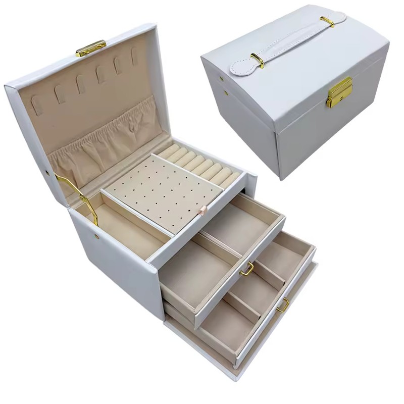 White Leather Jewelry Storage Box with Three Layers and Removable