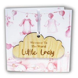 New Baby Girl Card With Wooden Hanging Cloud Keepsake - Baby Girl Gifts Newborn - Welcome To The World Little Lady, New Baby Gifts, New Parents Gifts, New Baby Card (Pink)