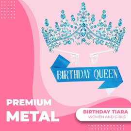 Papoopy Birthday Tiara Crown with Sash for Women, Headband Hair Accessories for Wedding Party Costume (A-Blue)
