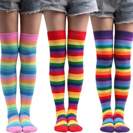 XUNQUCOM 3 Pairs Womens Rainbow Stripe Medium Tube Socks Copsplay Fashion Show Socks Knee Length Cotton Socks (A)