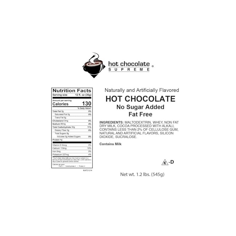 Hot Chocolate Supreme 1.2 lb bag No Sugar Added, Fat