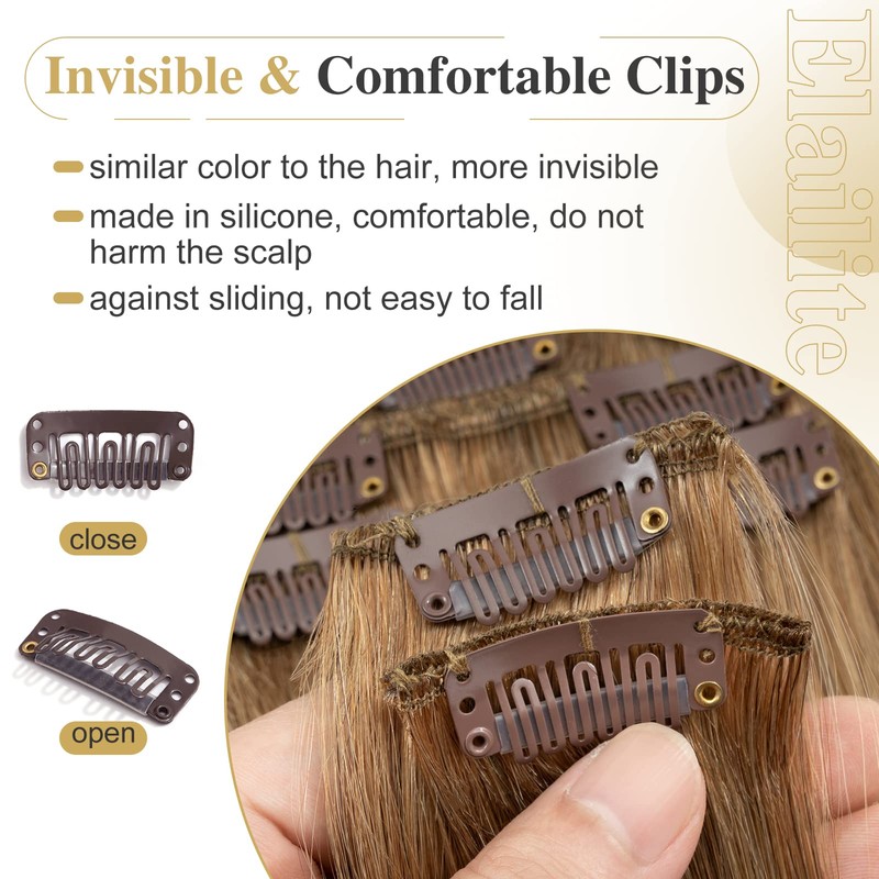 Elailite Real Hair Clip-In Extensions, 8 Wefts, Straight, #27 Dark