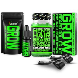 BBS Best Beard Stuff Ultimate Beard Growth Kit w/GROW XXL Beard Oil for Facial Hair Growth for Men + Maximum Strength 620,000mcg Hair Vitamins Gummies + GROW Face Rollers Kit - Formulated in America