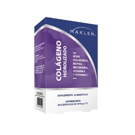 Maklen Colágeno Hidrolizado con Ácido Hialurónico, Biotina, Resveratrol, Vitamina E y C, 30 Cápsulas de 590mg