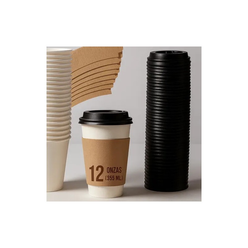 50 Vasos Desechables 12oz Para Café Kit Con Tapas Y