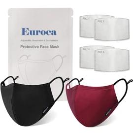Euroca 4-Layer Cloth Face Mask Reusable Washable Adjustable For Adult -2 Packs with 4 Filters Included (Black Burgundy Small)