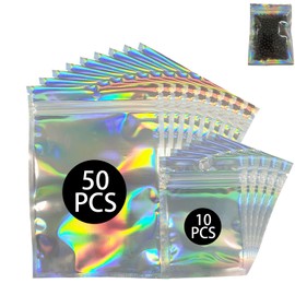 elook 60 PCS Holographic Mylar Zip Lock Bags, Smell Proof Bag, Resealable Foil Plastic Bags for Food, Jewelry, Electronics - 10.5 x 15cm + 7 x 10cm