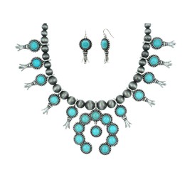 Turquoise Stone Squash Blossom Pendant Bib Statement Faux Navajo Pearl Long Necklace 24 Inch and French Hook Earrings (Turquoise)