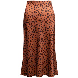 Raincol Leopard Print Skirt for Women Cheetah High Waist Silk Satin Skirts Midi Length Elastic Trendy Summer Leopard Caramel L