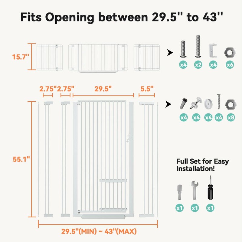71" Extra Tall Pet Gate, 29.5-43" Wide with Adjustable Cat