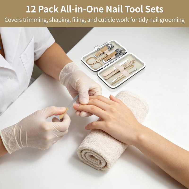 12Pack Stainless Steel Manicure Sets, 7pc Mini Travel Nail Grooming