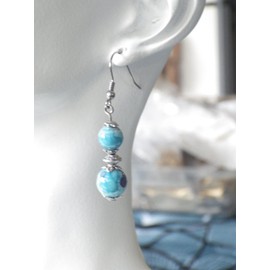 Stainless steel necklace and earrings set with blue and purple tinted white jade beads pendant and Tibetan beads