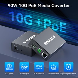 SODOLA 10G PoE Media Converter(90W), Fiber to 10G PoE+ Media Converter,IEEE802.3af/at/bt Supported,100KM Fiber Support,Plug & Play 10GbE Ethernet PoE Transceiver(SFP Modules NOT Included)