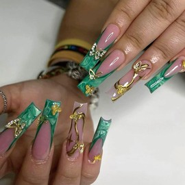 Long Press on Nails Green French Tip Long Fake Nails Coffin Press on Nails Square False Nails with Butterfly Charm Designs Long Nails Press on Artificial Nails Stick on Nails For Women Girls 24Pcs