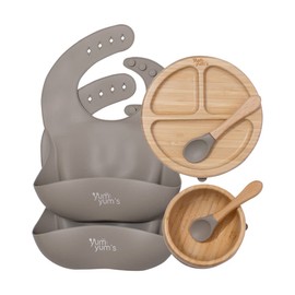 Yum Yum's Set of 6, Baby Feeding Set, Baby Plates with Suction, Bamboo Plates, Baby Bowl | Baby Weaning Set, Suction Bowl and Baby Plate, 2 Baby weaning Bibs, Bamboo Weaning Set for Kids and Toddlers