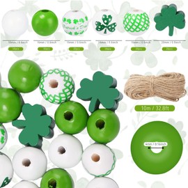 Whaline 180Pcs St. Patrick's Day Craft Beads with 10m / 32.8ft Hemp Rope White Green Grid Round Clover Shaped Wooden Spacer Bead for DIY Craft Handmade Home Decoration, 6 Designs