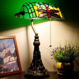 Tiffany Banker Lamp Small Stained Glass Table Lamp Tiffany Style Piano Light Green Dragonfly Style Desk Lamp Angle Adjustable 10.6X15.7 Inch for Home Office Living Room Bedroom