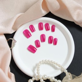 Melines 30pcs Cat Eye Short Square Press On Nails, Reusable Nail Kit with Nail Adhesive Tabs Mini Nail File, 15 Sizes (Red Pitaya)