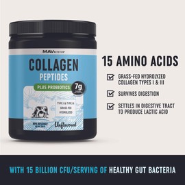 MAV NUTRITION Collagen Powder Supplement with Probiotics | Grass Fed Hydrolyzed Type 1 & Type 3 Collagen Peptides | Hair, Skin, Nails, Joints & Gut Health Support | 7000mg Per Serving, Unflavored 210g Per Container