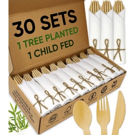 EcoPreps Premium Pre-Rolled Napkin and Bamboo Cutlery Set (30 Pack, 120 PCS) 100% Biodegradable, Eco-Friendly, Disposable Wrapped Cutlery - Includes Pre-Wrapped Bamboo Forks, Knives, Spoons, & Napkins