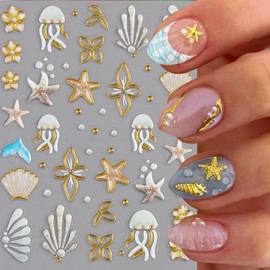 5D Embossed Ocean Life Nail Art Stickers Decals Self Adhesive Gold White Nail Decals Sea Seashell Starfish Designs Summer Nail Stickers Marine Life Manicure Sliders for Women DIY Nail Art Decorations