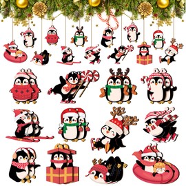 24 Pieces Christmas Dinosaur Penguin Ornaments Set Dinosaur Hanging Ornament with Rope Wood Christmas Tree Decor Christmas Tree Penguin Themed Birthday Party Favors(Penguin)