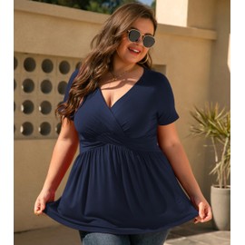 TIANZHU Plus Size Tunic Tops for Women Lightweight V-Neck Short Sleeve Baby Doll Tops with Empire Waist Casual Work Blouse, Navy Blue, Size 18-20