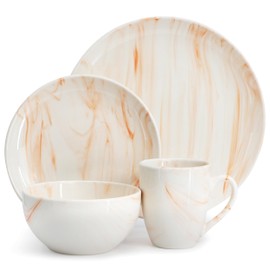Elama Fine Marble 16 Piece Porcelain Dinnerware Set, Tableware Set, Everyday Dining, Service for 4 (Orange)