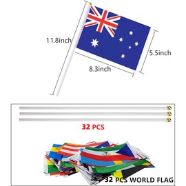 32pcs Hand Held Stick Flags, 5x8 Inch Mini International Country Flags of Every Continent, Ideal for School Sports Clubs, Parades and World Cup Decorations