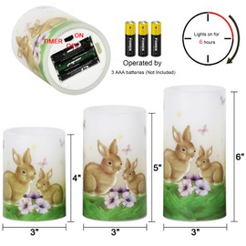 DRomance Easter Bunny Flameless Flickering Candles with 6 Hour Timer, Battery Operated Real Wax White LED Pillar Candles Warm Light Dinner Table Home Decor(3 x 4,5,6 Inches)