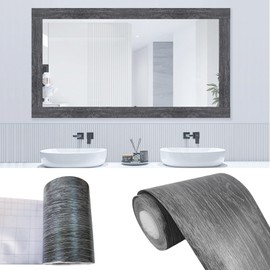 STAMINATE 32.8 Feet Peel and Stick Dark Gray Wood Grain 10M Wallpaper Border Removable PVC Waterproof Wallpaper,Bathroom Mirror Frame Border Sticker Wall Decer (1.97inch)