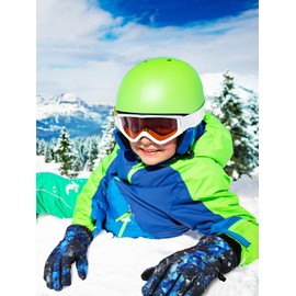 Honoson 2 Pairs Kids Snow Gloves Winter Waterproof Ski Gloves for Boys Girls Outdoor Toddler Snowboard Warm Youth Clothes(Blue Black Watercolor Gilt Pattern,10-15 Years)