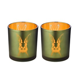 Set of 2 Tea Light Holder Rabbit Design Height 8 cm Diameter 7 cm Green Outside Gold Inside