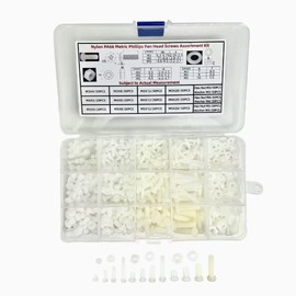 Happinesspark Nylon PA66 Plastic White Color Metric Cross Phillips Pan Head Screws with Nuts Washers Set M3 M4 M5 Assortment Hardware Kit of 470PCS in Plastic Storage Box (Electronics Repair DIY)