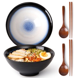 NUTRIUPS 8 Inch Ceramic Ramen Bowl Set of 2 Pho Bowls 40oz Japanese Noodle Udon Soup Bowls with Spoons and Chopsticks (Moon Blue)