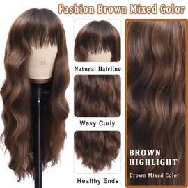 Vomella Long Dark Brown Mixed Chestnut Wave For Women Wig 26 Inch Middle Part Lace Hairline Long Curly Wavy Wig for Women Natural Looking Synthetic Heat Resistant Fiber Wig for Daily Party Use