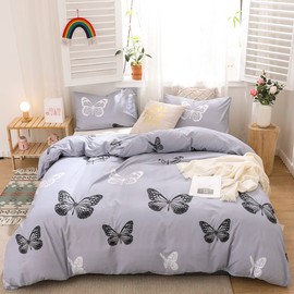 Freyamy Girls' Bed Linen Set 135 x 200 cm 2-Piece Grey Butterfly Reversible Bed Linen Brushed Microfibre Soft Bedding Sets Romantic Duvet Cover with Zip and Pillowcase 80 x 80 cm