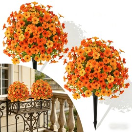 Outdoor Artificial Flowers Fake Plants, Artificial Topiary Balls with Ground Spikes, UV Resistant, Mix 4 Colors, 2 Pack, 20 inch, Garden Porch Patio Gravesite Indoor Decor (2 Pcs Orange)