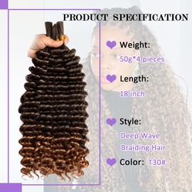 Ombre Brown Braiding Hair for Boho Braids 18 Inch Deep Wave Bulk Wet and Wavy Curly Goddess Bohemian Knotless Braiding Hair Extension 4 Packs 200g, T30#