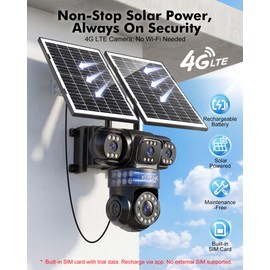 4G LTE Cellular Solar Security Camera Wireless Outdoor, 4 Lens No WiFi Solar Powered Camera, Color Night Vision, PIR Motion Sensor, 2 Way Talk, Built in SIM Card