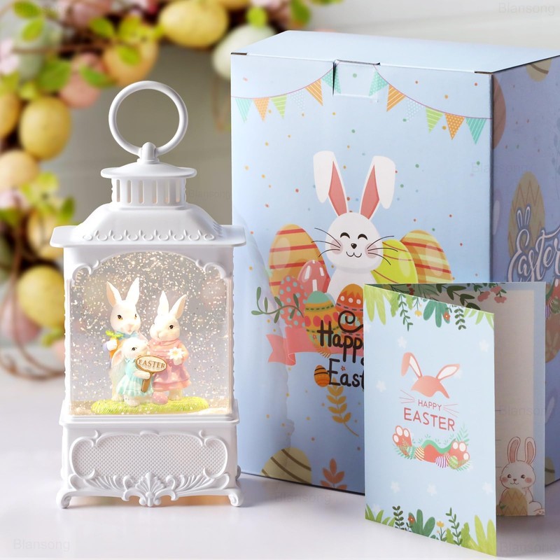 Blansong Easter Snow Globe Bunny Snow Globe Lantern with Timer,
