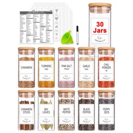 Churboro 30 Pcs Spice Jars with Label- Glass Spice Jars with Bamboo LIds and 400 Labels, 4 OZ Empty Seasoning Containers for Kitchen Sugar Salt