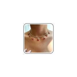Inateannal Crystal Cherry Necklace Choker Gold Cz Tennis Chain Necklace Red Cherry Pendant Necklace Cherry Tassel Tennis Necklace Cubic Zirconia Tennis Necklace Red Cherry Fruit Crystal Necklace