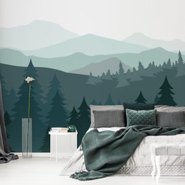 LiveInUrban Peel and Stick Fabric Pine Forest and Mountain Wall Mural, Self Adhesive Art Landscape Wallpaper for Bedroom Livingroom Decor